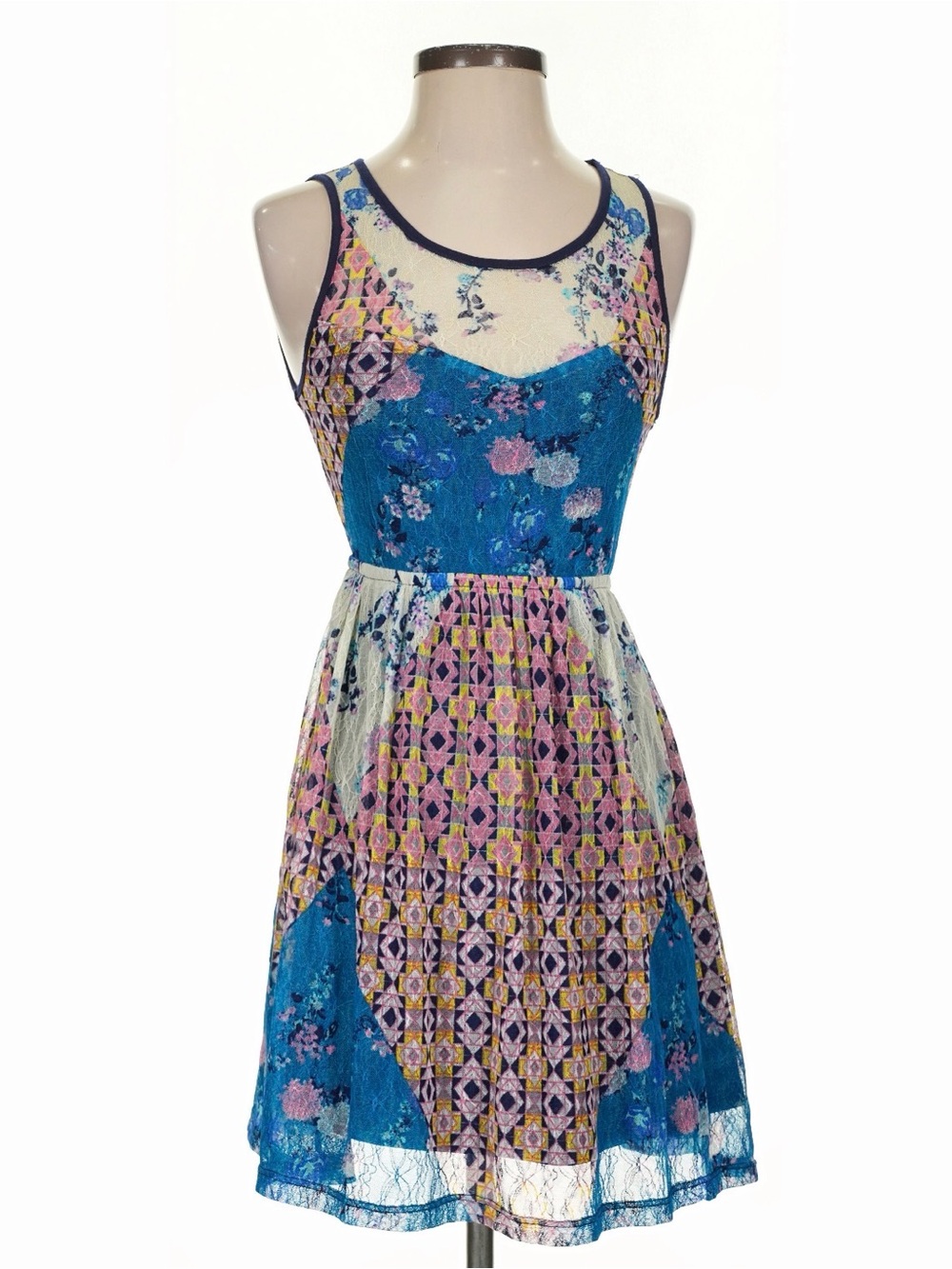 Fire Los Angeles Teal and Pink Mixed Lace A-Line Mini Dress